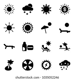 Solid vector icon set - sun vector, snowfall, dollar, beach, lounger, uv cream, palm, parasol, power, snow