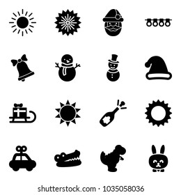 Solid vector icon set - sun vector, firework, santa claus, garland, bell, snowman, christmas hat, sleigh gift, fizz opening, car toy, crocodile, dinosaur, rabbit