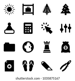 Solid vector icon set - sun vector, baggage room, christmas tree, hat, calculator, cursor, settings, folder, globe, chess tower, money bag, certificate, flip flops, work knife, pliers