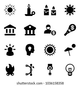 Solid vector icon set - sun vector, candle, bank, account, money torch, idea, head bulb, beach, fire, bezier, laser