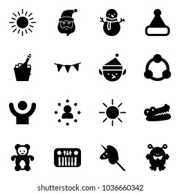 Solid vector icon set - sun vector, santa claus, snowman, christmas hat, champagne, flag garland, elf, community, success, star man, crocodile, bear toy, piano, unicorn stick, monster