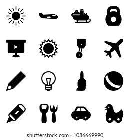 Solid vector icon set - sun vector, small plane, santa sleigh, weight, presentation board, piston, pencil, bulb, brush, ball, marker, shovel fork toy, car, duck
