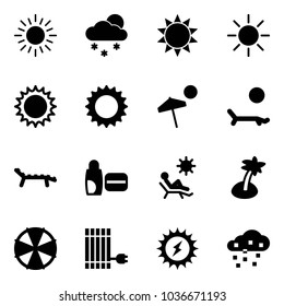 Solid vector icon set - sun vector, snowfall, beach, lounger, uv cream, palm, parasol, panel, power, snow