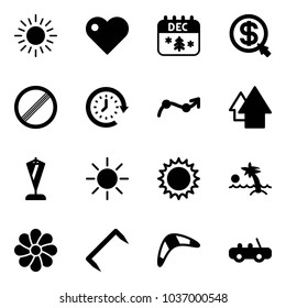 Solid vector icon set - sun vector, heart, christmas calendar, money click, no limit road sign, clock around, chart point arrow, up, pennant, palm, flower, staple, boomerang, toy car