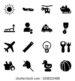 Solid vector icon set - sun vector, small plane, helicopter, santa sleigh, growth, winner, car baggage, piston, ruler, bulb, shovel fork toy, bucket, unicorn stick, duck, basketball