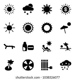 Solid vector icon set - sun vector, snowfall, dollar, beach, lounger, uv cream, palm, parasol, panel, snow