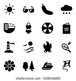 Solid vector icon set - sun vector, sunglasses, banana, rain cloud, hotel, swimsuit, parasol, passport, lighthouse, waves, fire, badminton, flower, forest, cruiser, kite
