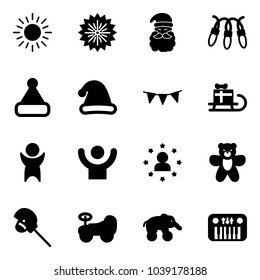 Solid vector icon set - sun vector, firework, santa claus, garland, christmas hat, flag, sleigh gift, success, star man, bear toy, horse stick, baby car, elephant wheel, piano
