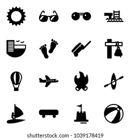 Solid vector icon set - sun vector, sunglasses, pool, hotel, feet, suitcase, ship bell, air balloon, plane, fire, kayak, windsurfing, skateboard, sand castle, beach ball