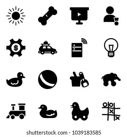 Solid vector icon set - sun vector, broken bone, presentation board, winner, money managemet, car baggage, server wireless, bulb, duck toy, ball, shovel bucket, elephant wheel, train, Tic tac toe
