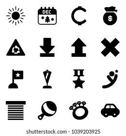 Solid vector icon set - sun vector, christmas calendar, cent, money bag, round motion road sign, download, uplooad, delete cross, flag, pennant, star medal, flying man, jalousie, beanbag, car