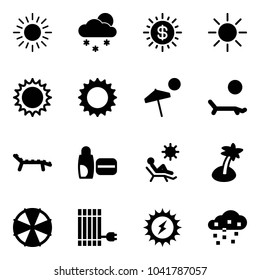 Solid vector icon set - sun vector, snowfall, dollar, beach, lounger, uv cream, palm, parasol, panel, power, snow