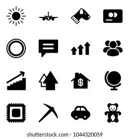 Solid vector icon set - sun vector, plane, dog, credit card, prohibition road sign, chat, arrows up, group, growth, arrow, home dollar, globe, cpu, axe, car, bear toy