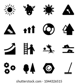 Solid vector icon set - sun vector, christmas deer hat, turn left road sign, multi lane traffic, arrows up, circle chart, arrow, rise, opportunity, palm, flip flops, flower, forest, nut, rake