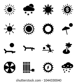 Solid vector icon set - sun vector, snowfall, dollar, beach, lounger, palm, parasol, panel, power, snow