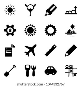 Solid vector icon set - sun vector, bladder, highlight marker, growth, money managemet, pyramid, server wireless, plane, ruler, pencil, shovel, fork toy, car, Tic tac toe