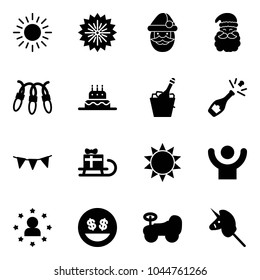 Solid vector icon set - sun vector, firework, santa claus, garland, cake, champagne, flag, sleigh gift, success, star man, money smile, baby car, toy unicorn stick