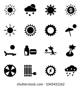 Solid vector icon set - sun vector, snowfall, dollar, beach, lounger, uv cream, palm, parasol, panel, power, snow
