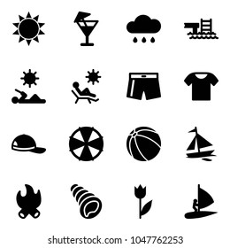 Solid vector icon set - sun vector, drink, rain cloud, pool, reading, beach, swimsuit, t shirt, cap, parasol, ball, sail boat, fire, shell, tulip, windsurfing