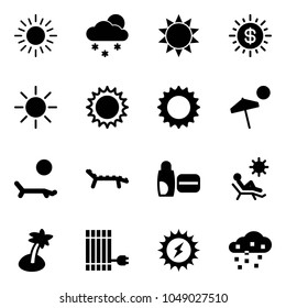 Solid vector icon set - sun vector, snowfall, dollar, beach, lounger, uv cream, palm, panel, power, snow