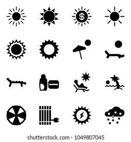 Solid vector icon set - sun vector, dollar, beach, lounger, uv cream, palm, parasol, panel, power, snow