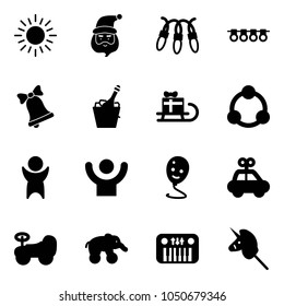 Solid vector icon set - sun vector, santa claus, garland, bell, champagne, sleigh gift, community, success, balloon smile, car toy, baby, elephant wheel, piano, unicorn stick