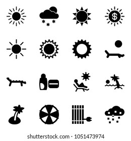 Solid vector icon set - sun vector, snowfall, dollar, lounger, uv cream, beach, palm, parasol, panel, snow