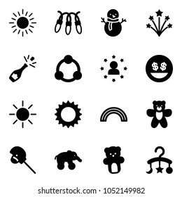 Solid vector icon set - sun vector, garland, snowman, firework, champagne, community, star man, money smile, rainbow, bear toy, horse stick, elephant wheel, baby carousel