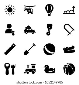 Solid vector icon set - sun vector, helicopter, air balloon, growth, winner, car baggage, piston, fretsaw, ruler, shovel, ball, crocodile, fork toy, train, duck, basketball