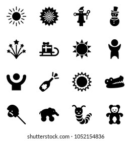 Solid vector icon set - sun vector, firework, santa claus, snowman, sleigh gift, success, fizz opening, crocodile, horse stick toy, elephant wheel, caterpillar, bear