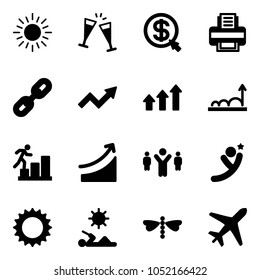 Solid vector icon set - sun vector, wine glasses, money click, printer, link, growth arrow, arrows up, career, rise, team leader, flying man, reading, dragonfly, plane