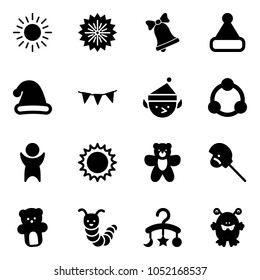 Solid vector icon set - sun vector, firework, bell, christmas hat, flag garland, elf, community, success, bear toy, horse stick, caterpillar, baby carousel, monster