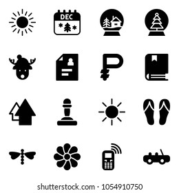 Solid vector icon set - sun vector, christmas calendar, snowball house, tree, deer hat, patient card, ruble, book, arrow up, pawn, flip flops, dragonfly, flower, mobile phone, toy car