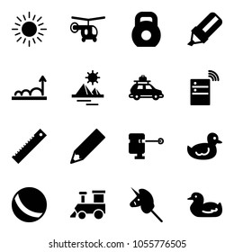 Solid vector icon set - sun vector, helicopter, weight, highlight marker, growth, pyramid, car baggage, server wireless, ruler, pencil, laser lever, duck toy, ball, train, unicorn stick