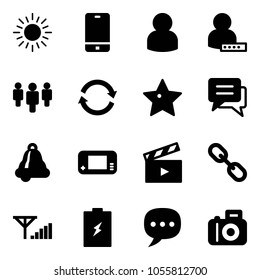 Solid vector icon set - sun vector, phone, user, password, group, refresh, star, chat, bell, game console, movie flap, link, fine signal, battery, camera