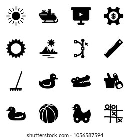 Solid vector icon set - sun vector, santa sleigh, presentation board, money managemet, pyramid, bezier, ruler, rake, duck toy, crocodile, shovel bucket, basketball, Tic tac toe