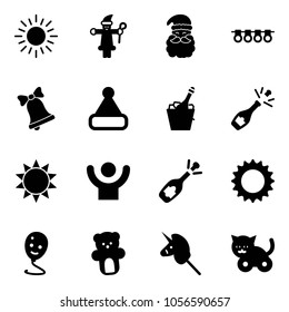 Solid vector icon set - sun vector, santa claus, garland, bell, christmas hat, champagne, success, fizz opening, balloon smile, bear toy, unicorn stick, cat