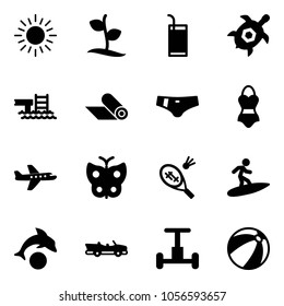 Solid vector icon set - sun vector, sproute, drink, sea turtle, pool, mat, swimsuit, plane, butterfly, badminton, surfing, dolphin, cabrio, gyroscope, beach ball