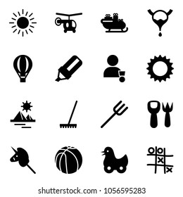 Solid vector icon set - sun vector, helicopter, santa sleigh, bladder, air balloon, highlight marker, winner, pyramid, rake, farm fork, shovel toy, unicorn stick, basketball, duck, Tic tac toe