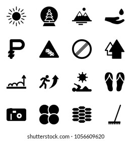 Solid vector icon set - sun vector, snowball tree, mountains, drop hand, ruble, multi lane traffic road sign, no limit, arrow up, growth, career, reading, flip flops, photo, atom core, carbon, rake