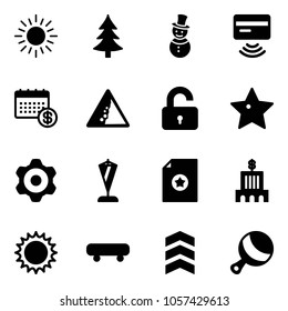 Solid vector icon set - sun vector, christmas tree, snowman, tap pay, calendar, landslide road sign, unlocked, star, gear, pennant, certificate, bank building, skateboard, chevron, beanbag