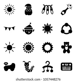 Solid vector icon set - sun vector, santa claus, garland, champagne, flag, christmas elf, community, bear toy, baby car, caterpillar, carousel, piano