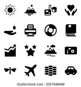 Solid vector icon set - sun vector, mountains, tonometer, heart care, drop hand, printer, circle chart, book, growth, stars, photo, dragonfly, plane, carbon, car
