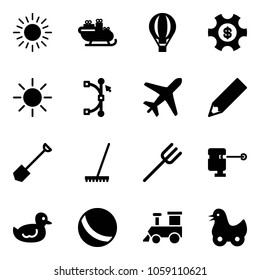 Solid vector icon set - sun vector, santa sleigh, air balloon, money managemet, bezier, plane, pencil, shovel, rake, farm fork, laser lever, duck toy, ball, train