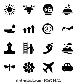 Solid vector icon set - sun vector, christmas deer, snowball house, mountains, drop hand, arrows up, clock around, chart point arrow, winner, opportunity, flying man, dragonfly, flower, plane, car