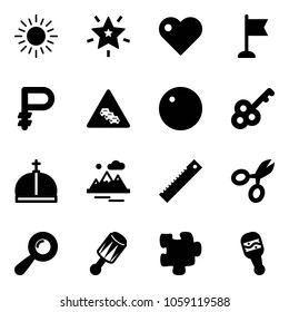 Solid vector icon set - sun vector, christmas star, heart, flag, ruble, multi lane traffic road sign, record, key, crown, mountains, ruler, scissors, beanbag, puzzle