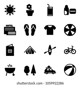 Solid vector icon set - sun vector, flower pot, drink, uv cream, sea hotel, flip flops, t shirt, parasol, passport, tent, kayak, bike, grill, forest, car baggage, beach ball