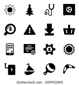 Solid vector icon set - sun vector, christmas tree, stethoscope, safe, money search, traffic light road sign, download, basket, mobile, certificate, managemet, power bank, sailboat toy, beanbag