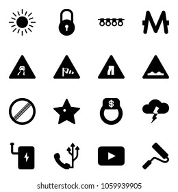Solid vector icon set - sun vector, lock, garland, monero, slippery road sign, side wind, narrows, rough, no limit, star, finger ring, storm, power bank, phone, playback, paint roller
