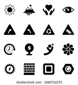 Solid vector icon set - sun vector, mountains, heart care, eye, turn right road sign, left, round motion, multi lane traffic, clock around, money tree, flying man, flower, power, binary code, cpu